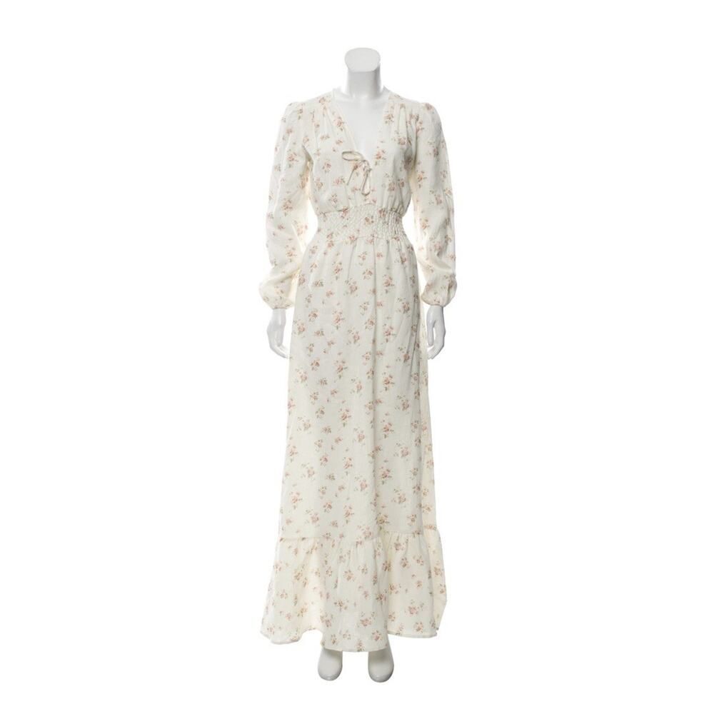 Reformation Linen Floral Maxi Dress Small Puff Sleeve Smocked Waist Cream Ivory - Picture 13 of 13